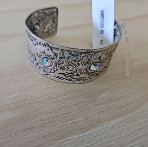 Silver Tone Engraved Western Cuff Bracelet w/ Aurora Borealis Rhinestones